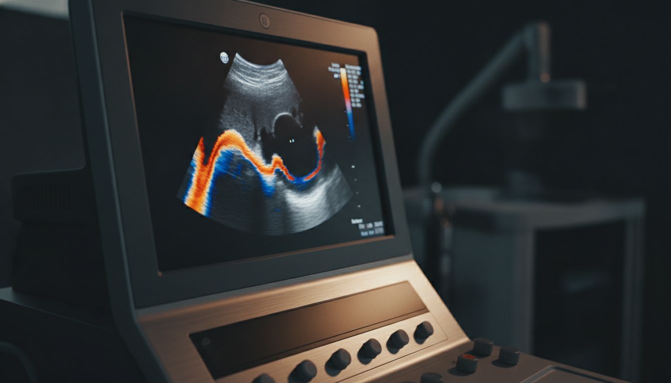 Colour Doppler ultrasound scan on a clinic monitor